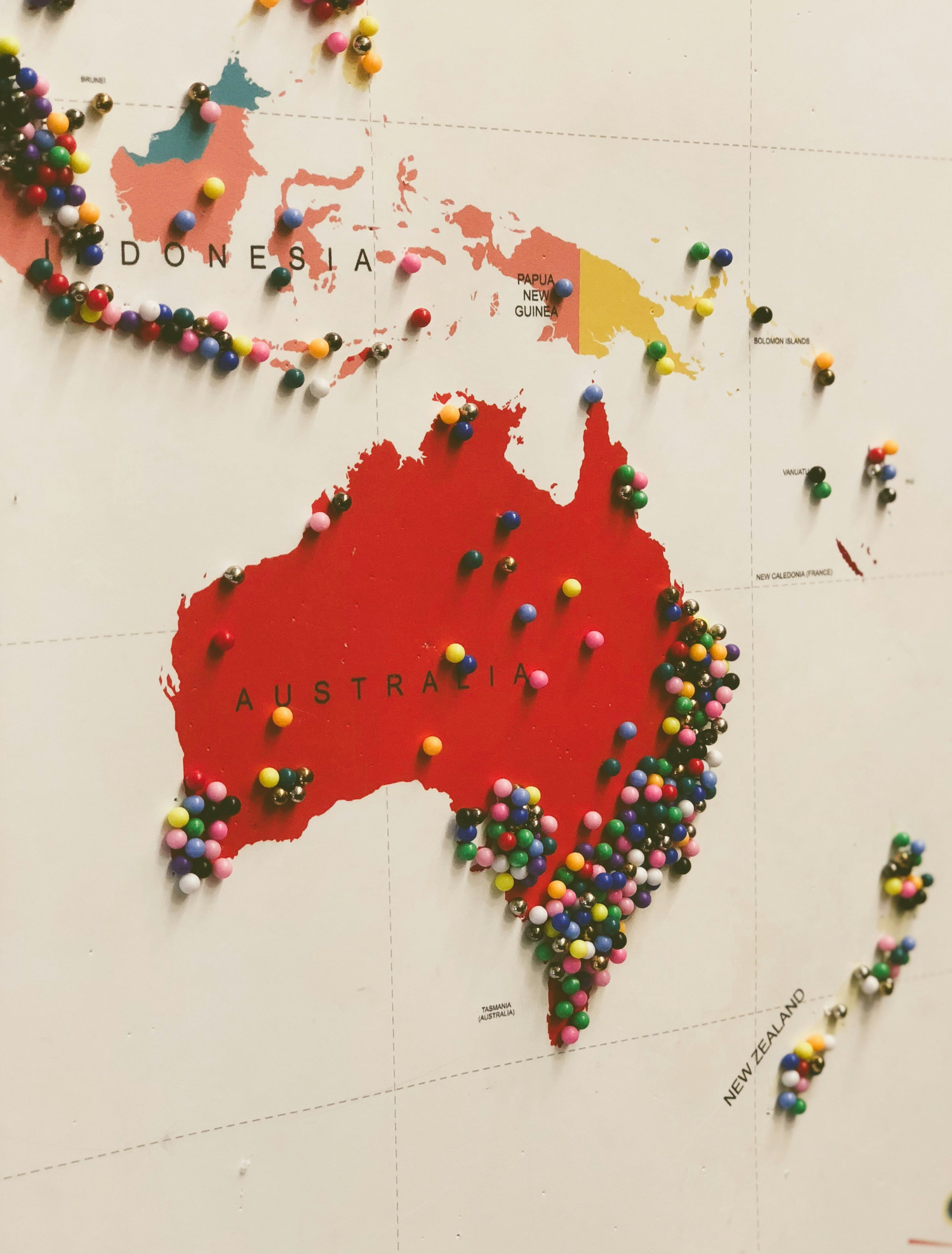 A map with location pins representing sales territory planning
